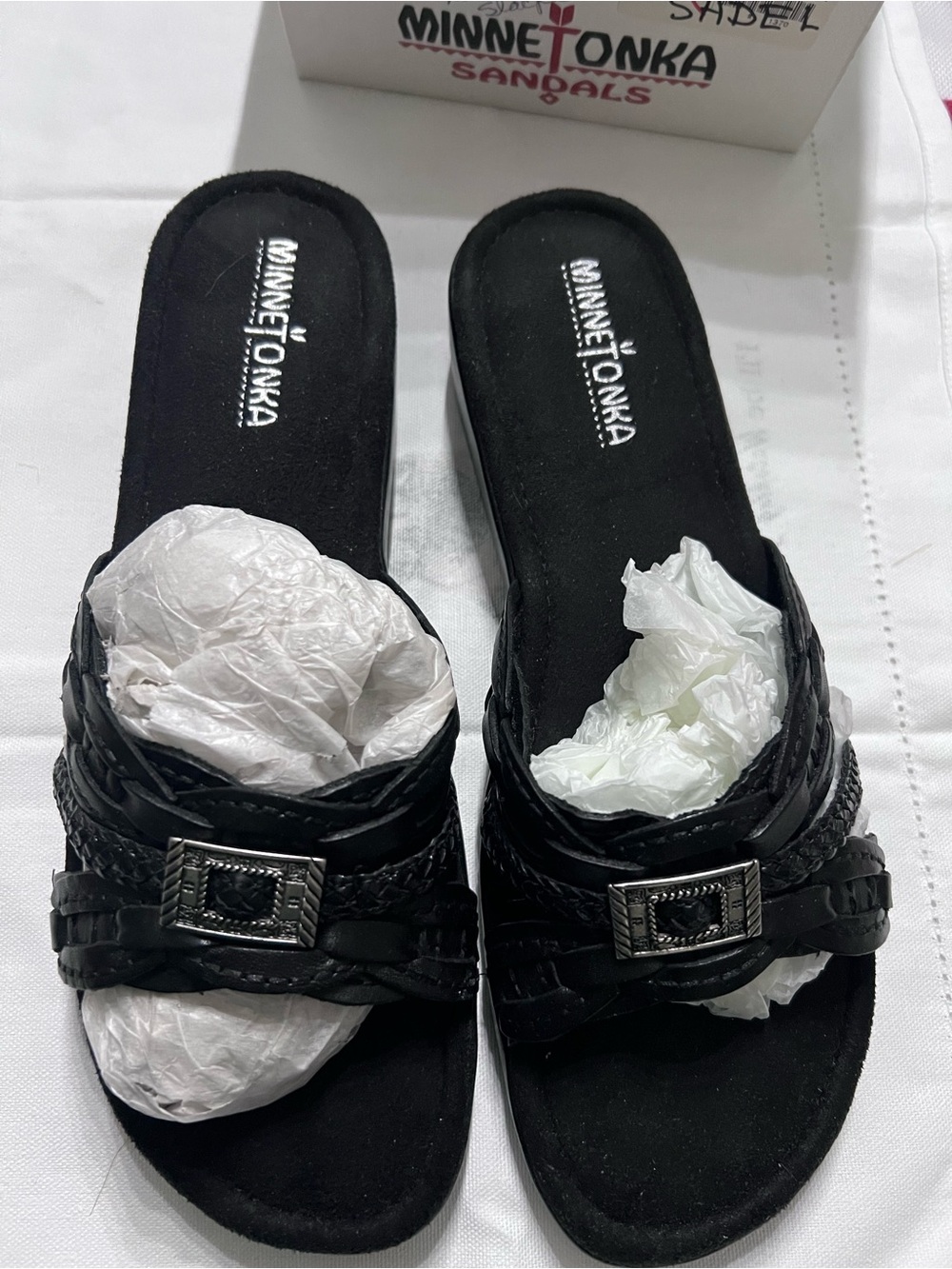 Minnetonka Prescott Slide Sandals 9 Black Leather Comfort Slides NIB 70003